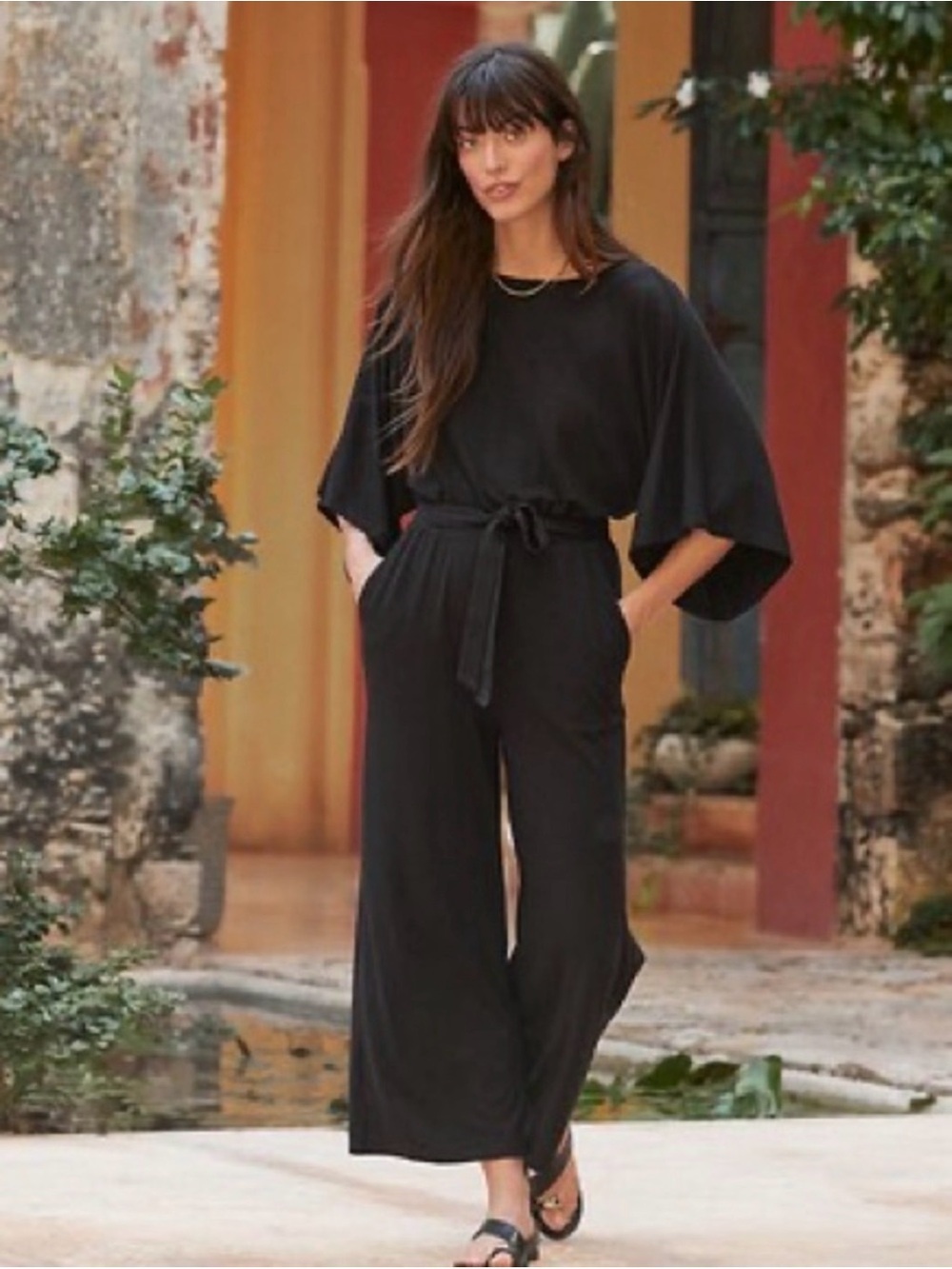 Garnet Hill Prano Knit Wide-Leg Tie-Waist Jumpsuit L